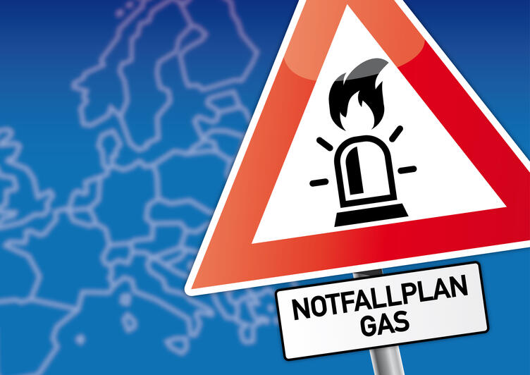 Bild vergrößern: Achtung Notfallplan Gas - Symboldbild mit deutschem Text